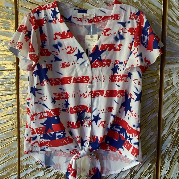 Woman’s Shorts Sleeve Button Down Tie Front Top~Patriot,USA,America,4th July,Etc - Picture 2 of 11